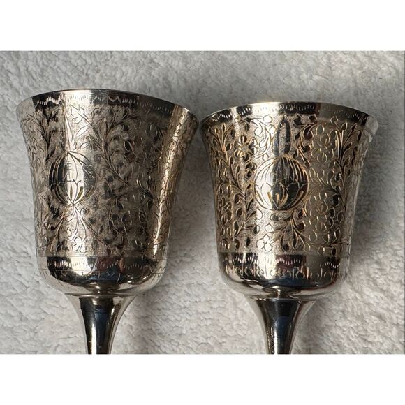 WORLD GIFT ZY INDIA Silver Plated Brass With Etched Design Set Of 2 Goblets - Picture 12 of 14